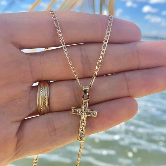 CZ Jesus Cross Necklace Womens Mens Girls Boys Figaro Chain 14" to 20" - Picture 7 of 7